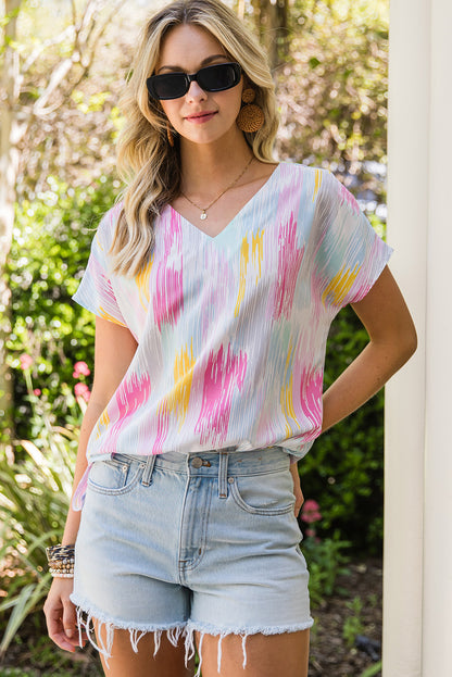 High-Low V-Neck Short Sleeve Blouse-Teresa&#39;s Fashionista LLC