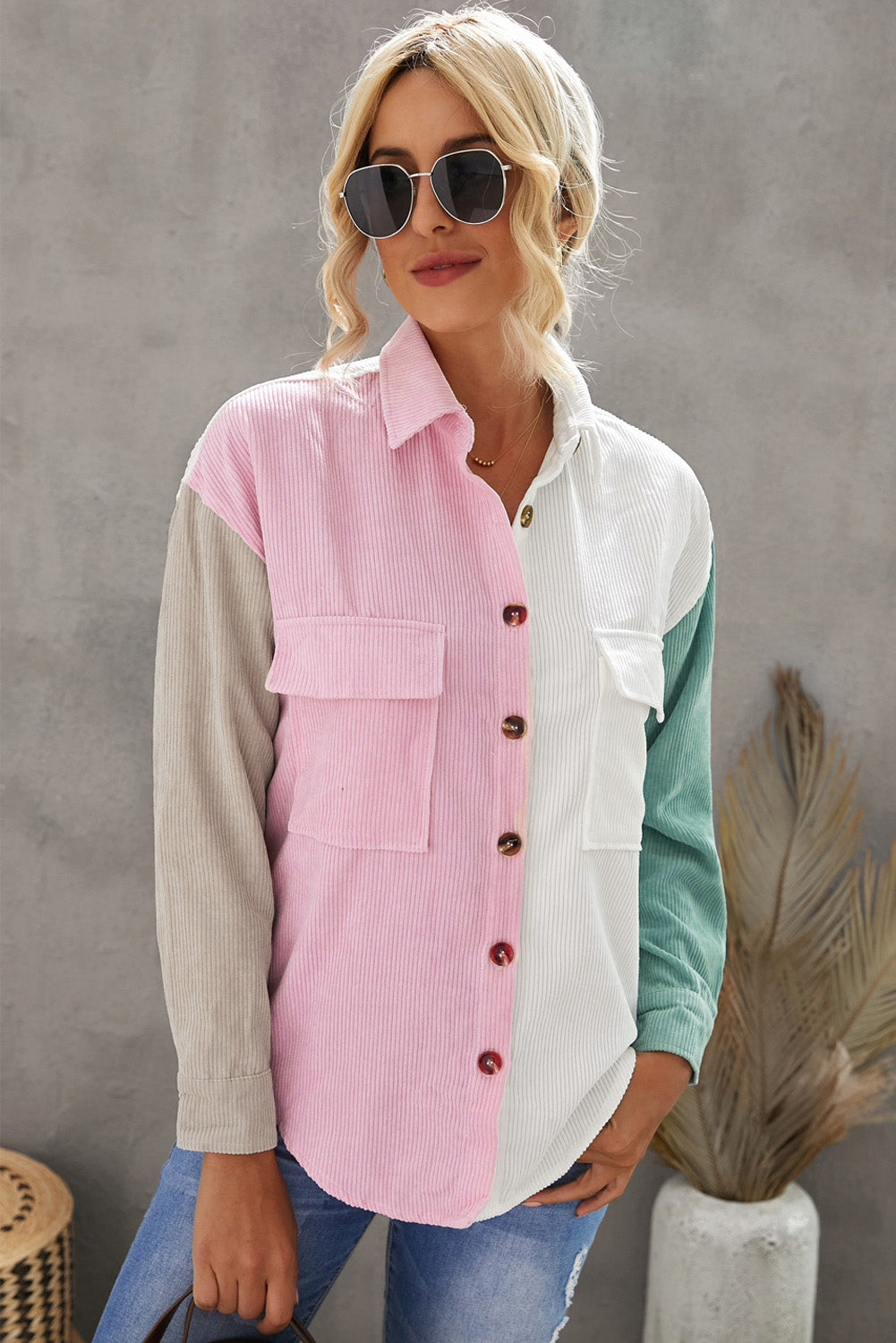 Color Block Button Front Shirt with Pockets-Teresa&#39;s Fashionista LLC