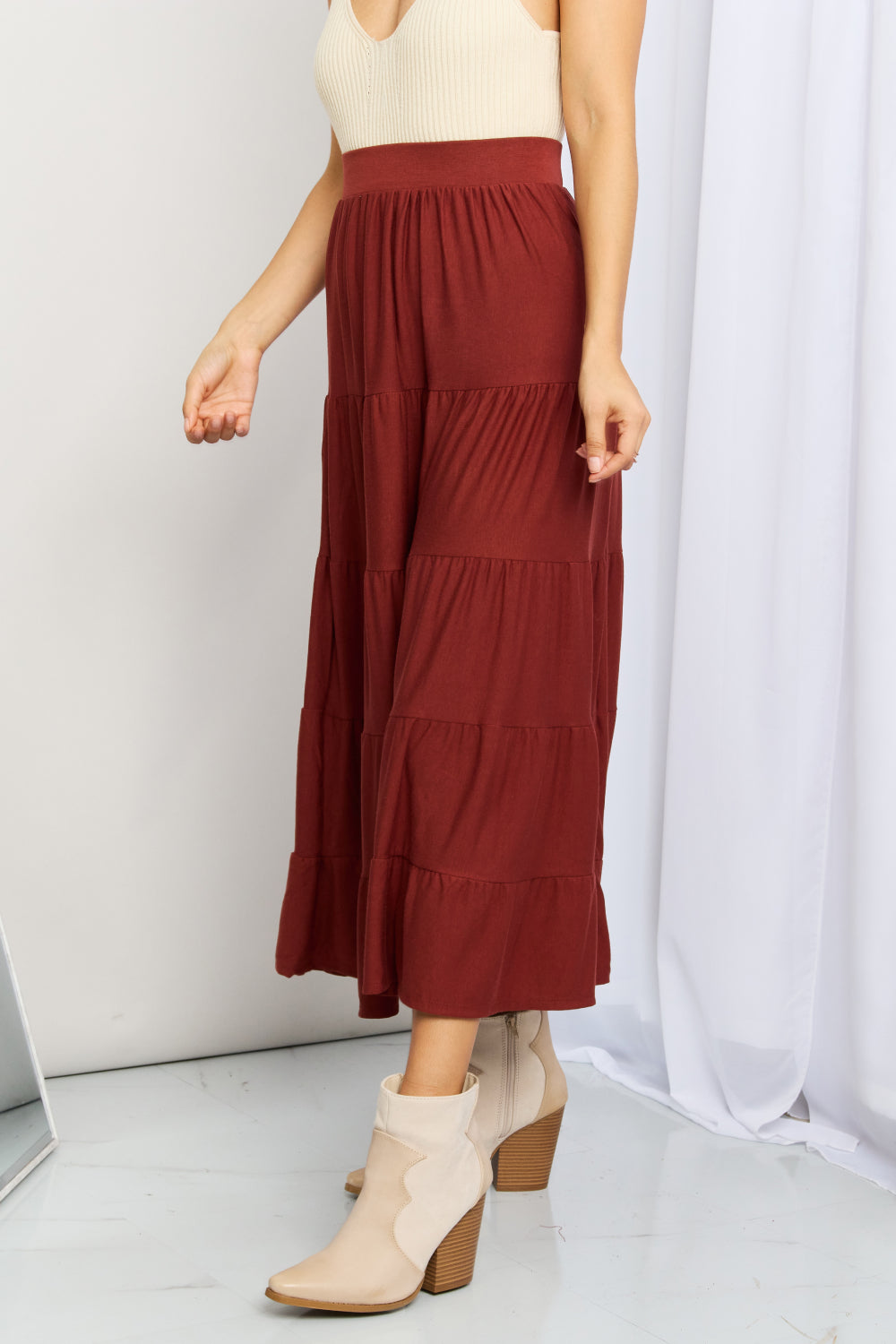 Zenana Full Size Wide Waistband Tiered Midi Skirt-Teresa&#39;s Fashionista LLC