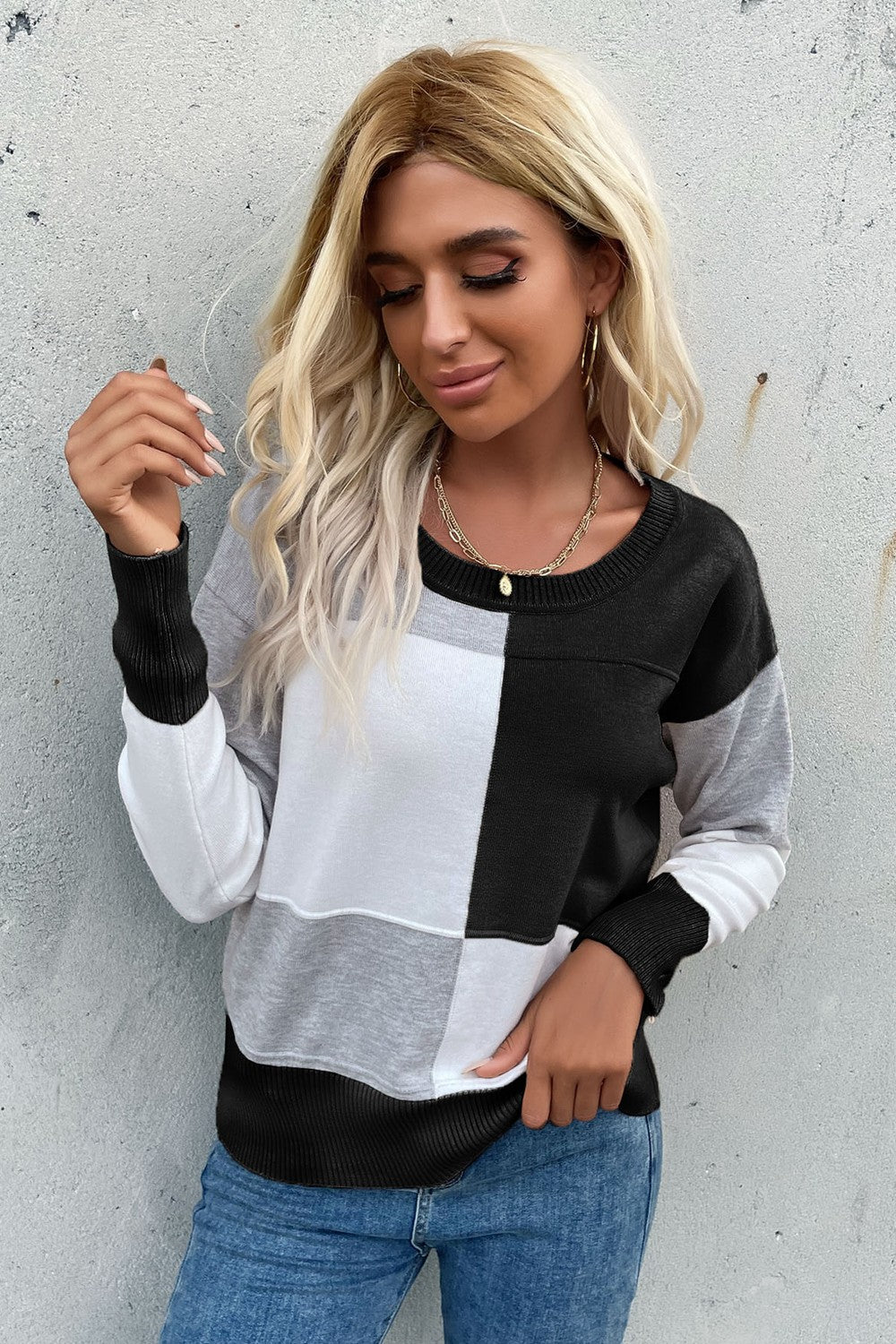 Color Block Ribbed Trim Round Neck Knit Pullover-Teresa&#39;s Fashionista LLC