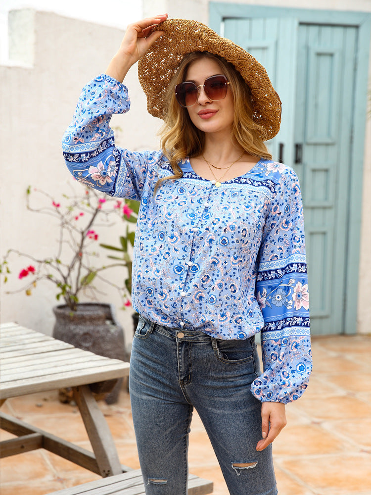 Full Size Bohemian Round Neck Balloon Sleeve Shirt-Teresa&#39;s Fashionista LLC