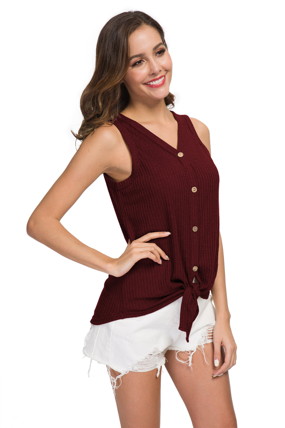 Buttoned V-Neck Ribbed Tank-Teresa&#39;s Fashionista LLC