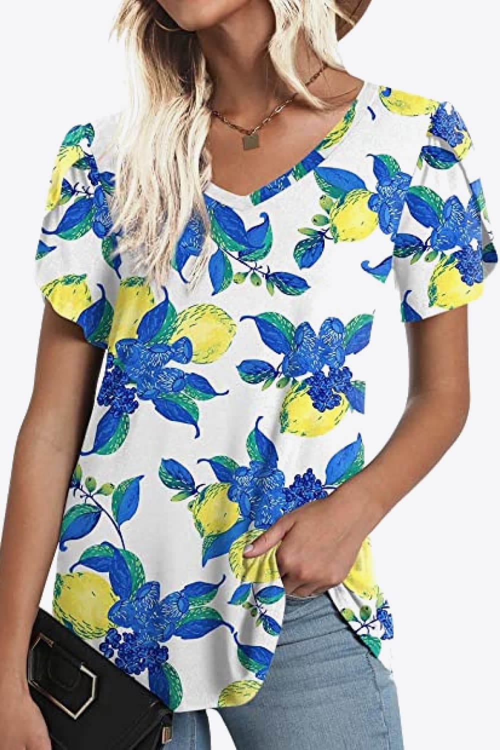 Printed Petal Sleeve V-Neck Blouse-Teresa&#39;s Fashionista LLC