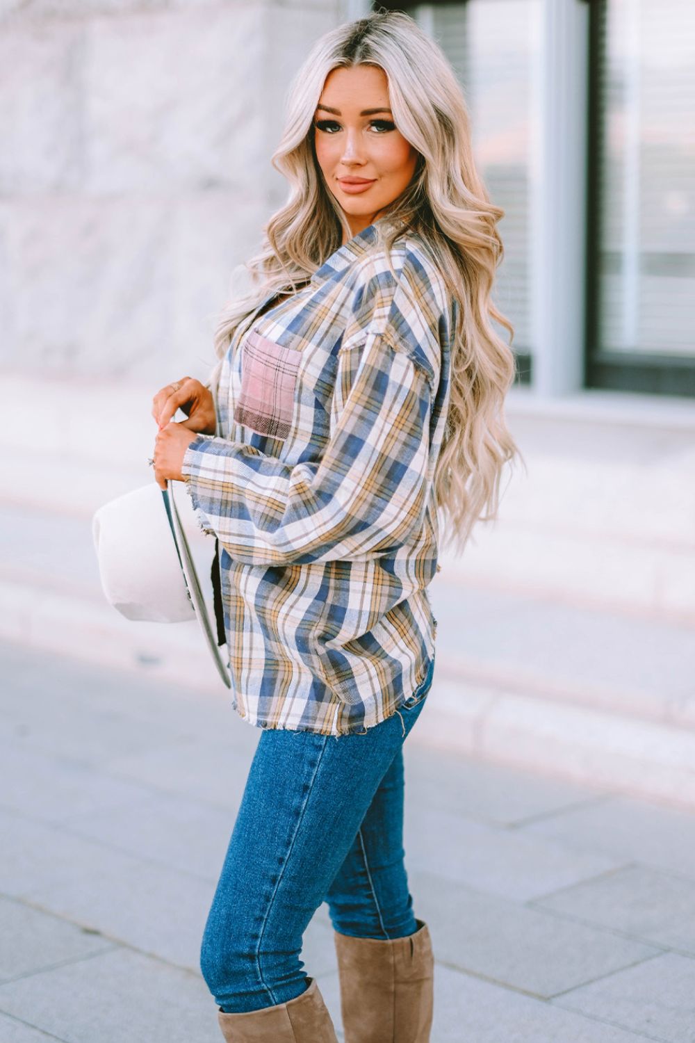 Plaid Raw Hem Dropped Shoulder Johnny Collar Shirt-Teresa&#39;s Fashionista LLC