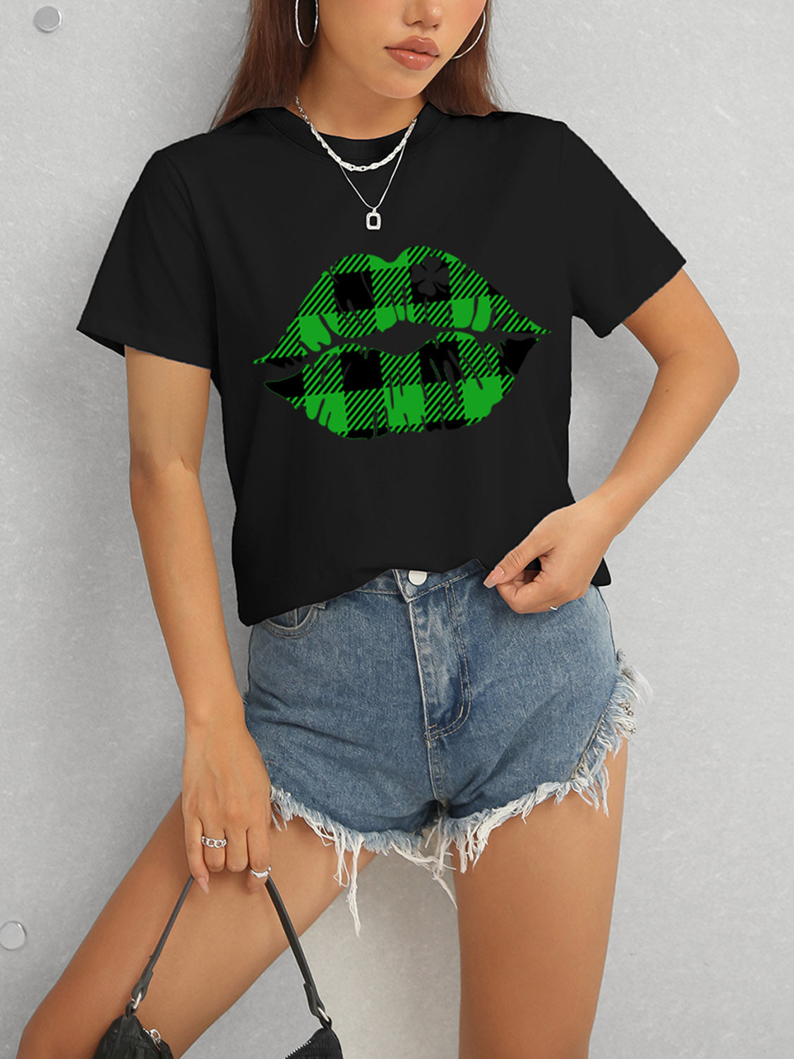 Plaid Lip Graphic Round Neck T-Shirt-Teresa&#39;s Fashionista LLC