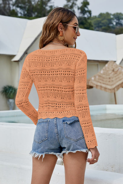 Drawstring Ruched Openwork Sweater-Teresa&#39;s Fashionista LLC