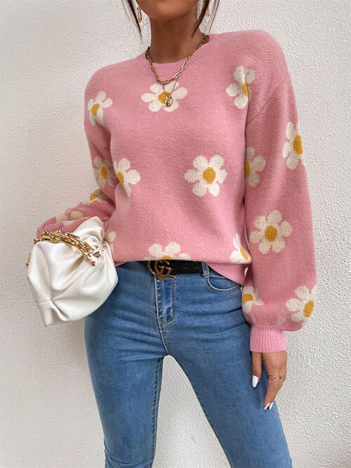 Flower Round Neck Latern Sleeve Sweater-Teresa&#39;s Fashionista LLC