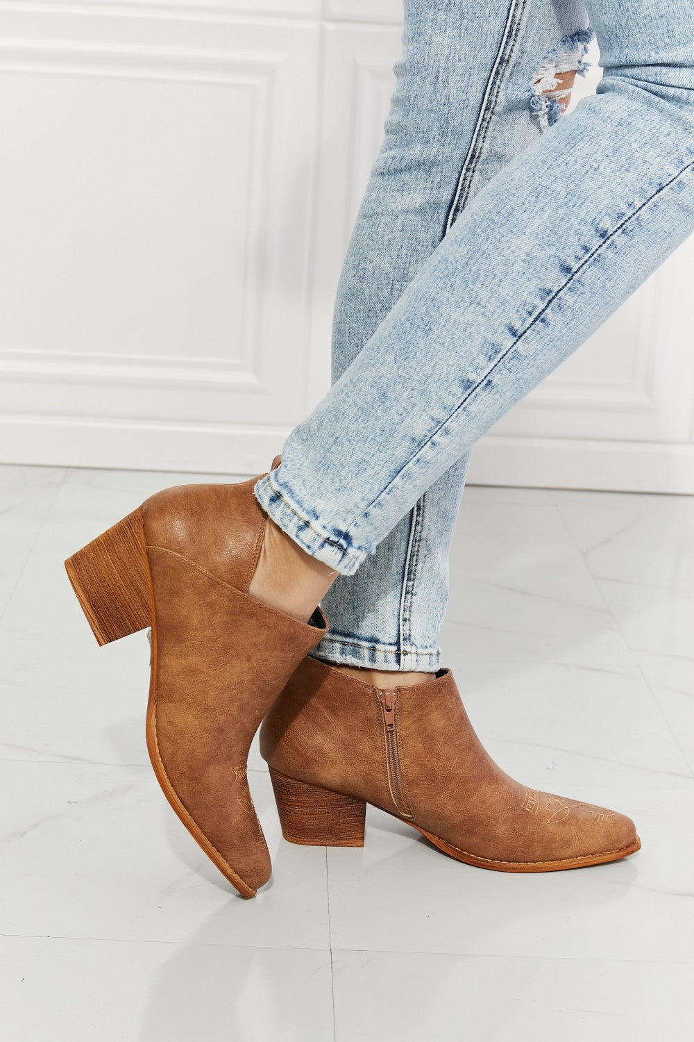 MMShoes Trust Yourself Embroidered Crossover Cowboy Bootie in Caramel-Teresa&#39;s Fashionista LLC