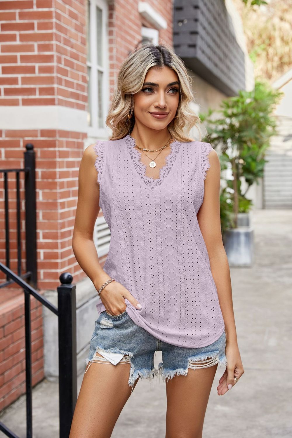 Eyelet Lace Trim Eyelash V-Neck Tank-Teresa&#39;s Fashionista LLC