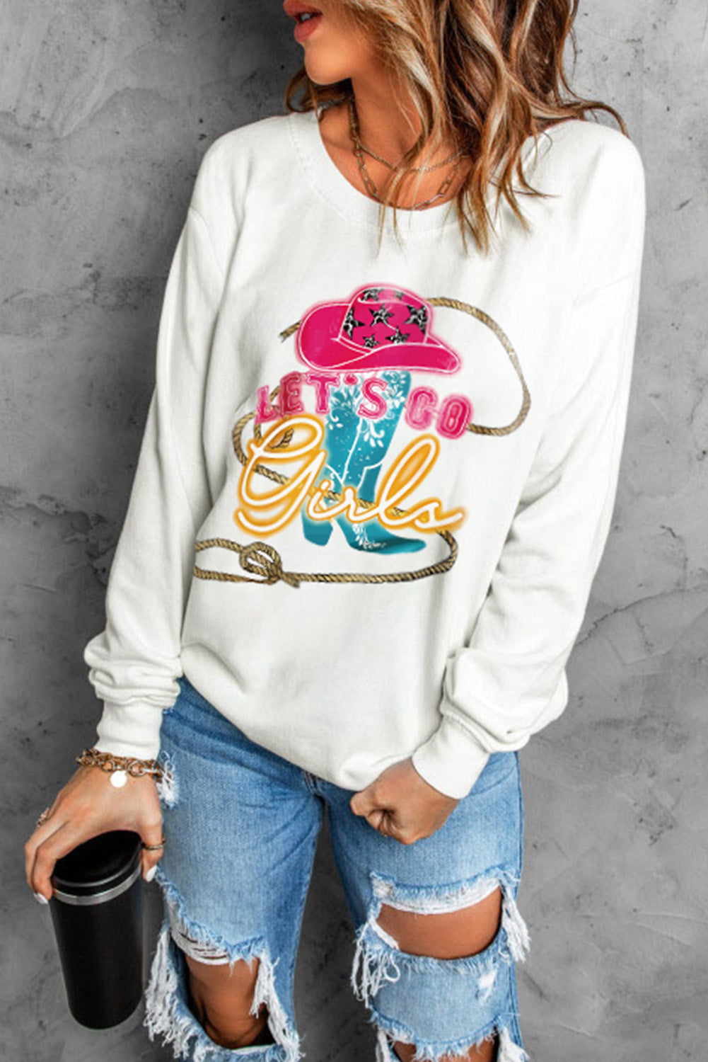 LET'S GO GIRLS Graphic Round Neck Sweatshirt-Teresa&#39;s Fashionista LLC