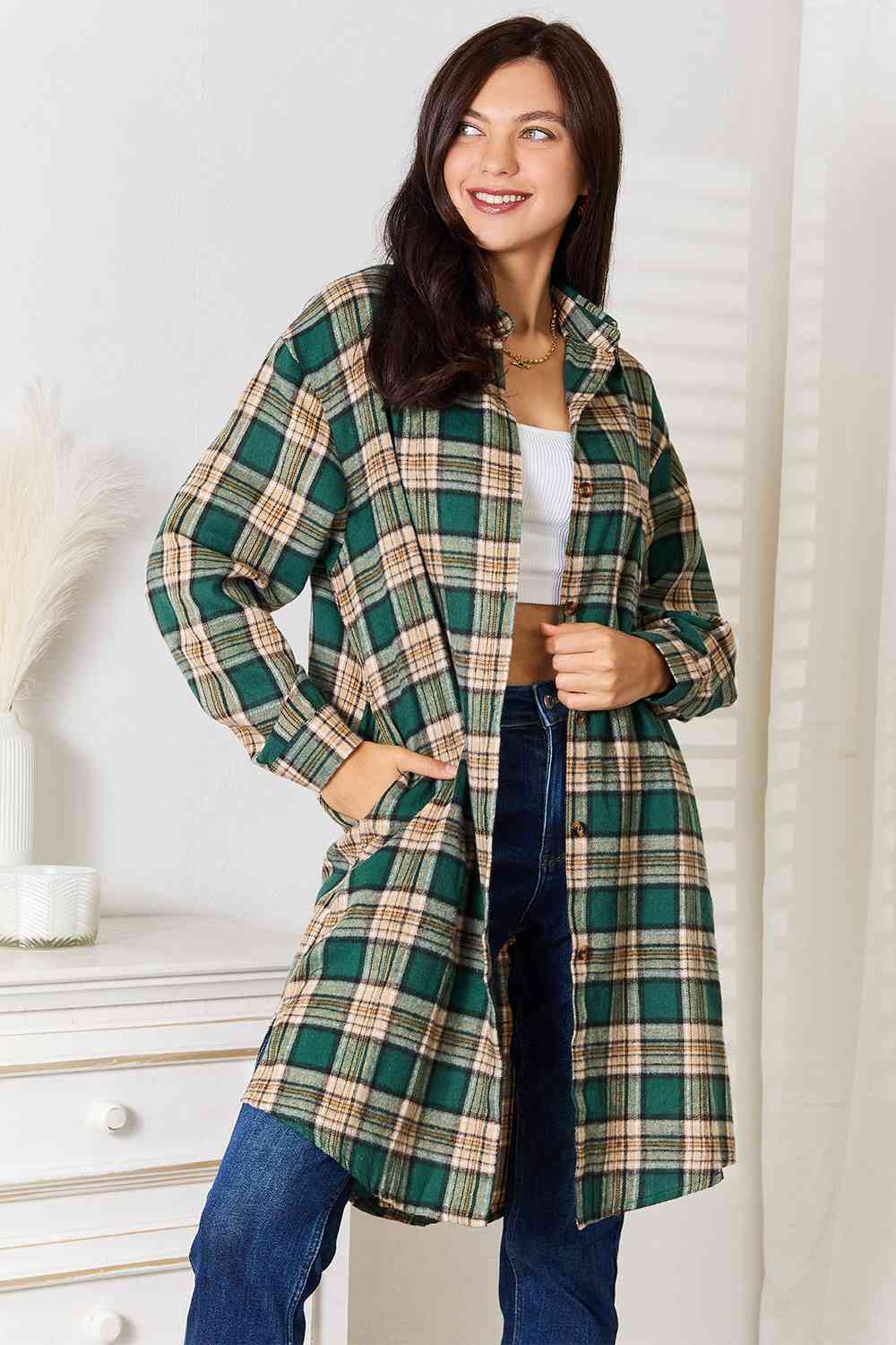 Double Take Plaid Collared Neck Long Sleeve Shirt-Teresa&#39;s Fashionista LLC