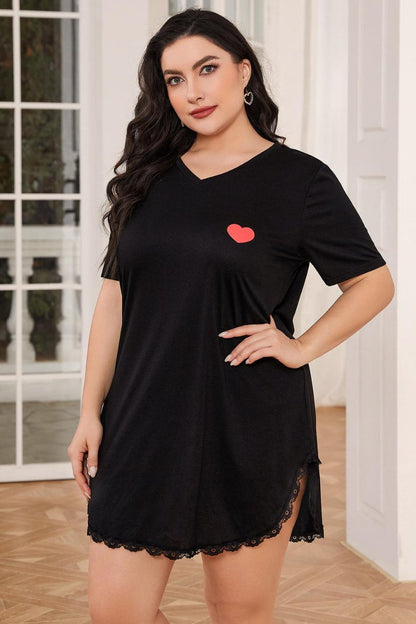 Plus Size Lace Trim V-Neck Short Sleeve Night Dress-Teresa&#39;s Fashionista LLC