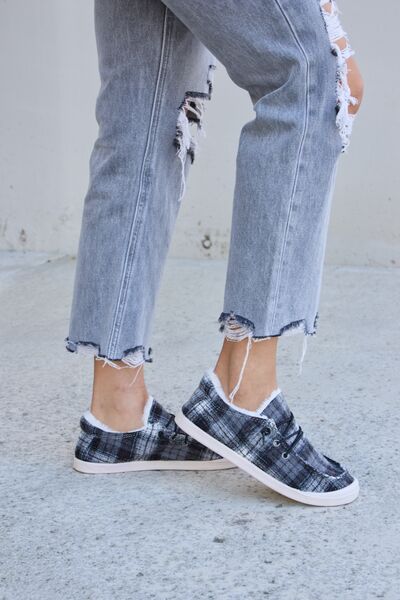 Forever Link Plaid Plush Flat Sneakers-Teresa&#39;s Fashionista LLC