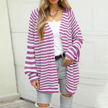 Striped Button Down Long Sleeve Cardigan-Teresa&#39;s Fashionista LLC