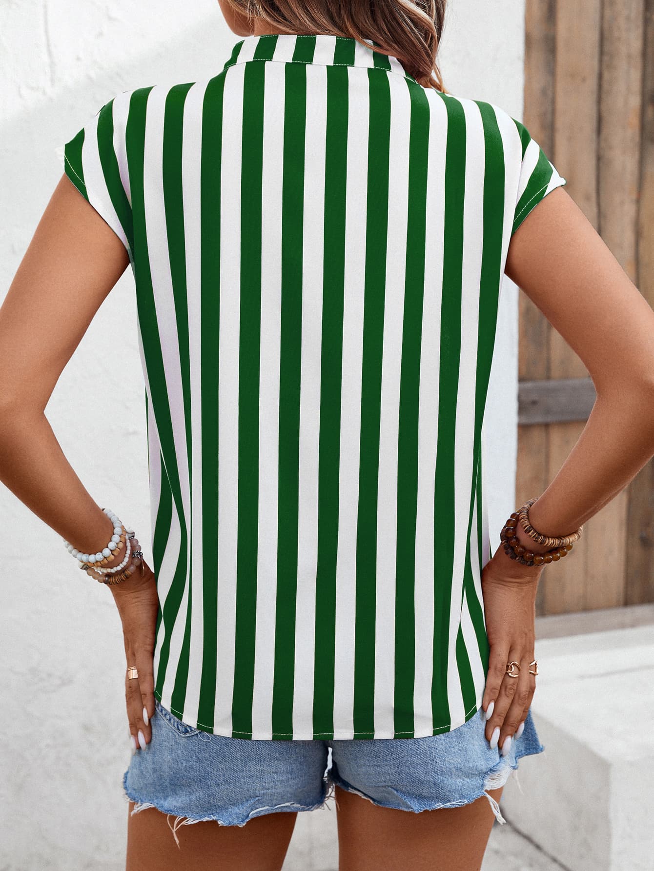 Striped Notched Neck Cap Sleeve Blouse-Teresa&#39;s Fashionista LLC