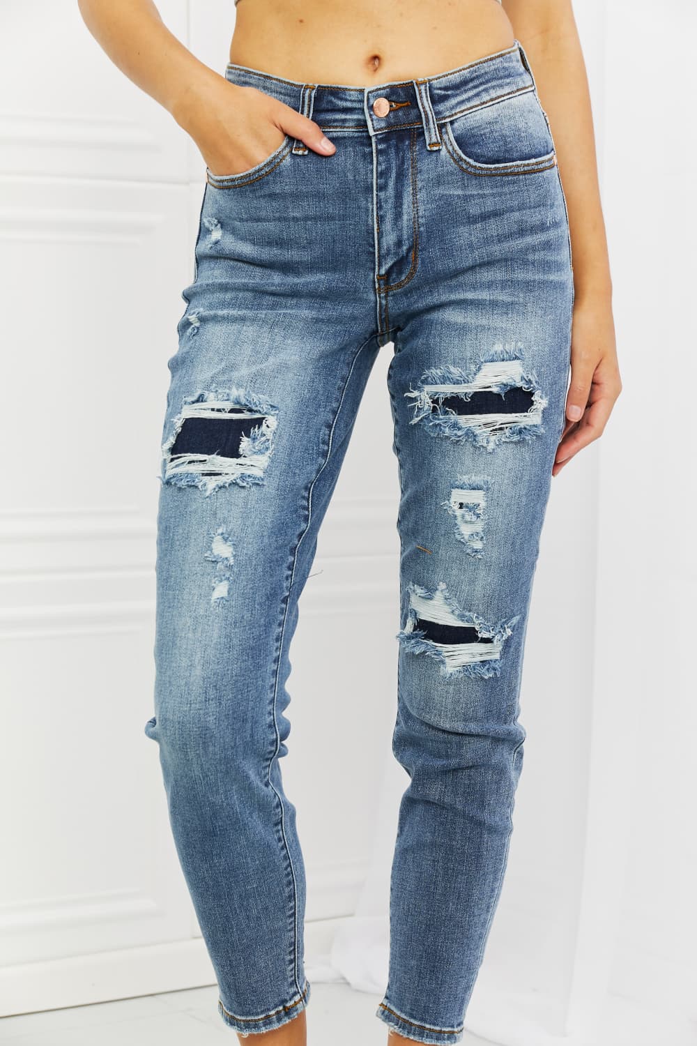 Judy Blue Dahlia Full Size Distressed Patch Jeans-Teresa&#39;s Fashionista LLC