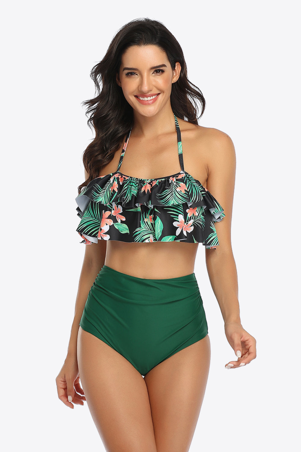 Two-Tone Ruffled Halter Neck Two-Piece Swimsuit-Teresa&#39;s Fashionista LLC