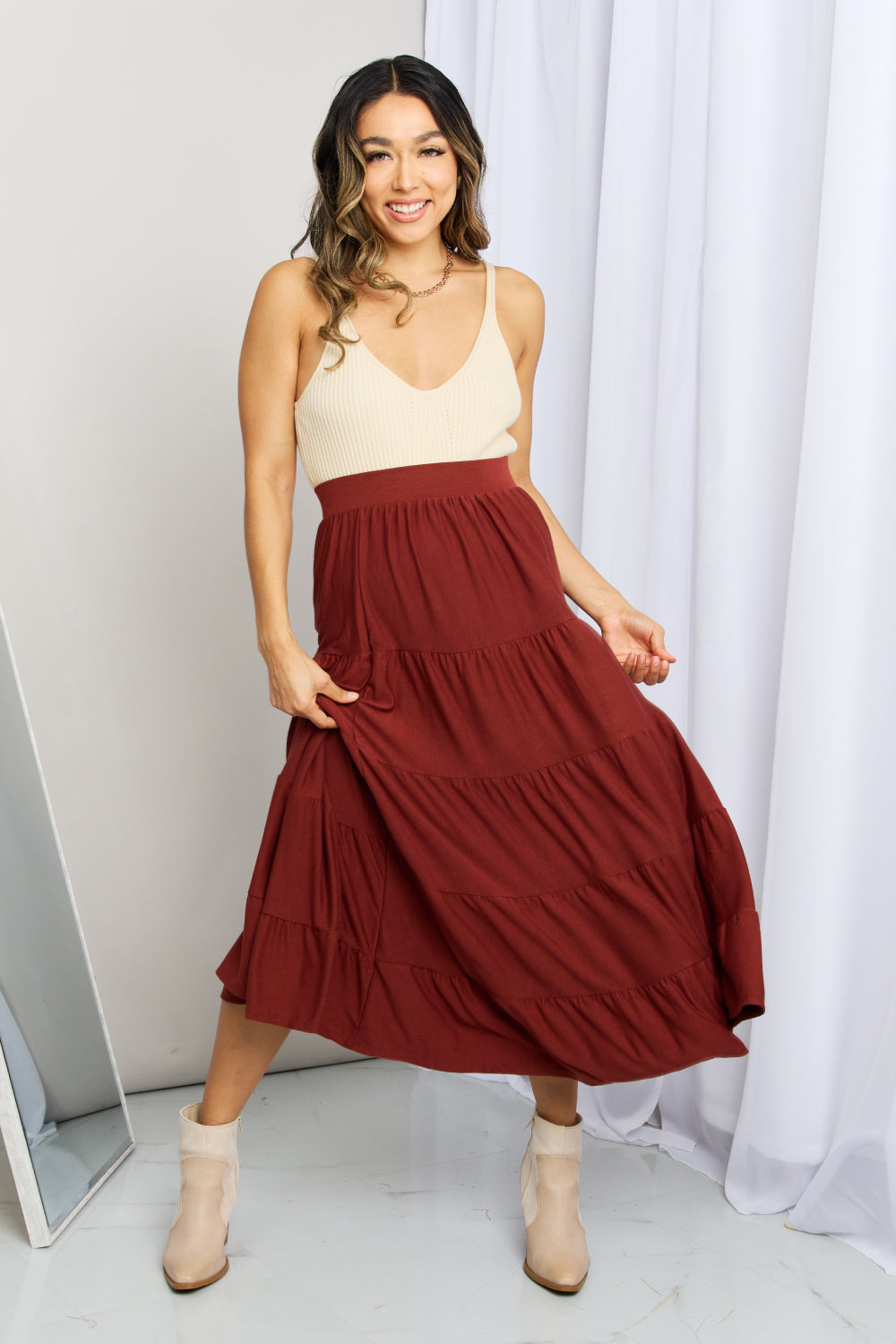 Zenana Full Size Wide Waistband Tiered Midi Skirt-Teresa&#39;s Fashionista LLC