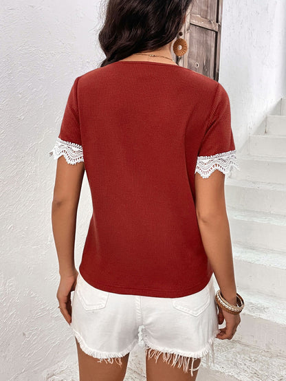 Decorative Button Spliced Lace Short Sleeve Top-Teresa&#39;s Fashionista LLC