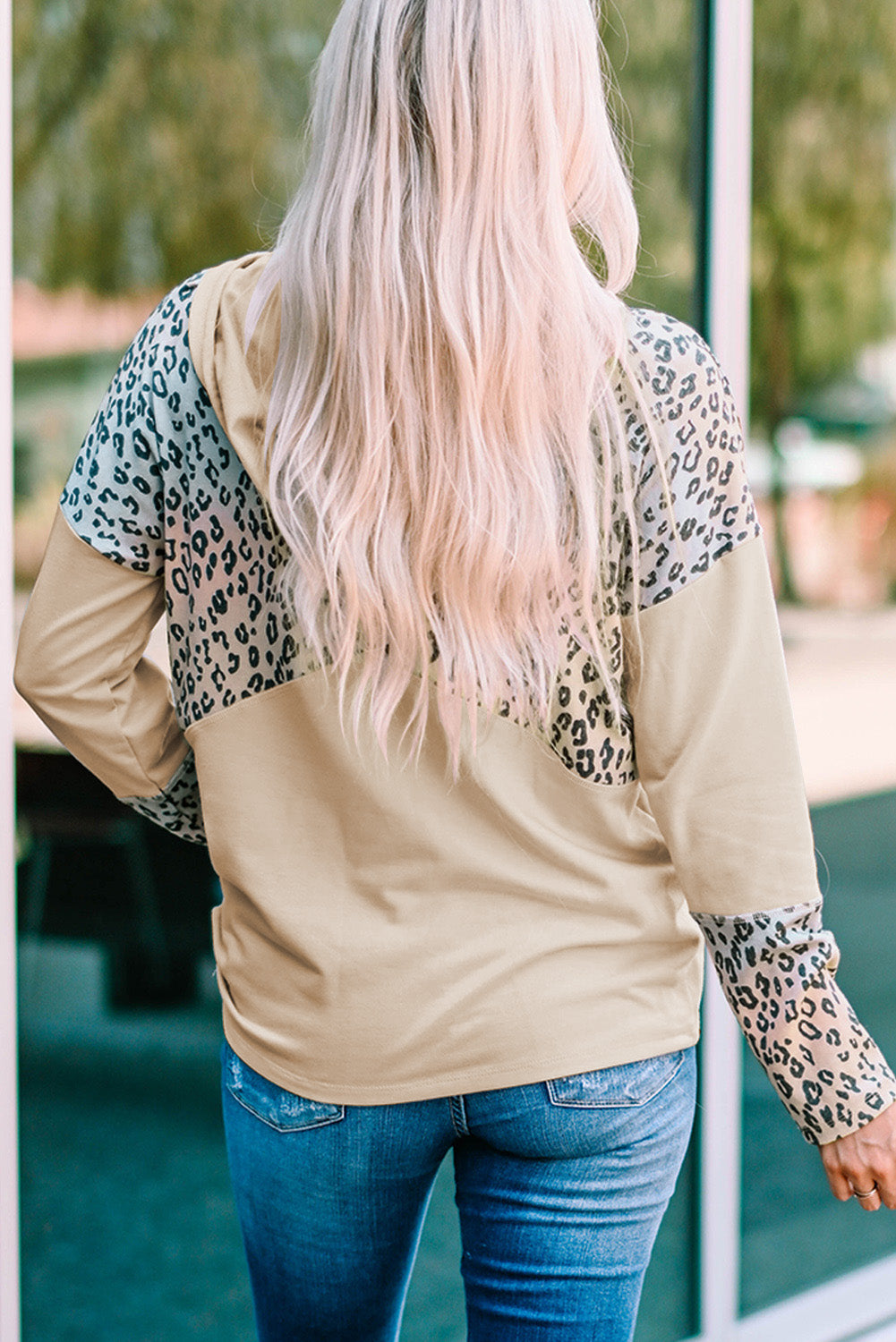 Leopard Color Block Buttoned Drawstring Detail Hoodie-Teresa&#39;s Fashionista LLC