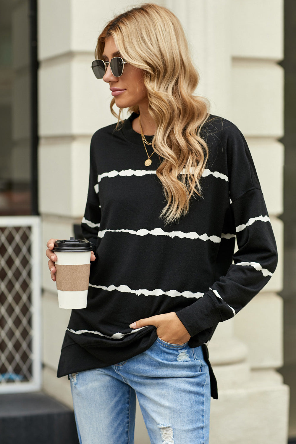 Striped Side Slit Round Neck Sweatshirt-Teresa&#39;s Fashionista LLC