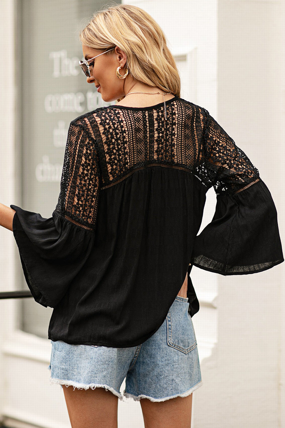 Flare Sleeve Spliced Lace V-Neck Shirt-Teresa&#39;s Fashionista LLC