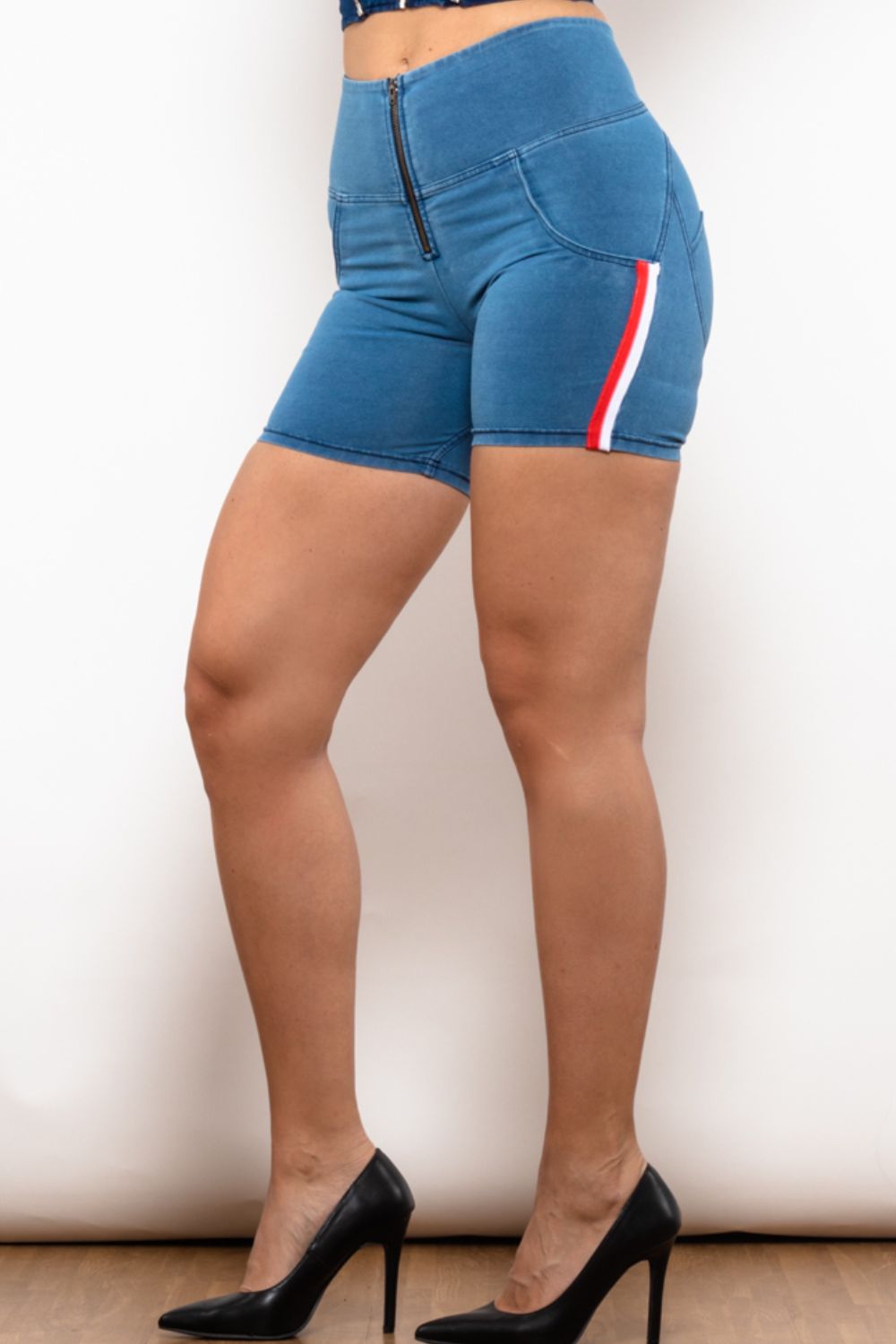 Full Size Side Stripe Zip Closure Denim Shorts-Teresa&#39;s Fashionista LLC