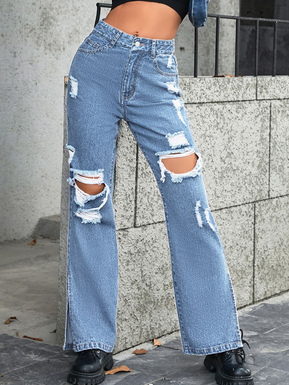 Distressed Slit Jeans-Teresa&#39;s Fashionista LLC