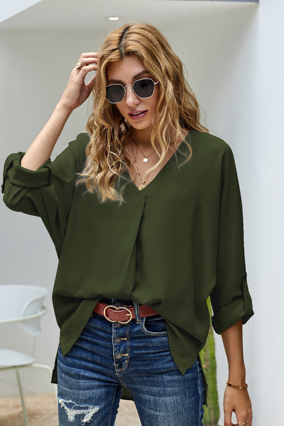 V-Neck Roll-Tab Sleeve Blouse-Teresa&#39;s Fashionista LLC