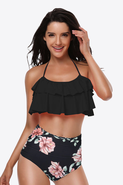 Two-Tone Ruffled Halter Neck Two-Piece Swimsuit-Teresa&#39;s Fashionista LLC