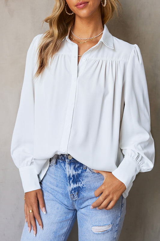 Gathered Detail Puff Sleeve Shirt-Teresa&#39;s Fashionista LLC