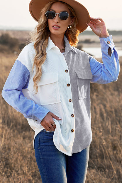 Color Block Button Front Shirt with Pockets-Teresa&#39;s Fashionista LLC