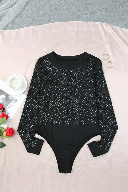 Rhinestone Round Neck Long Sleeve Bodysuit-Teresa&#39;s Fashionista LLC