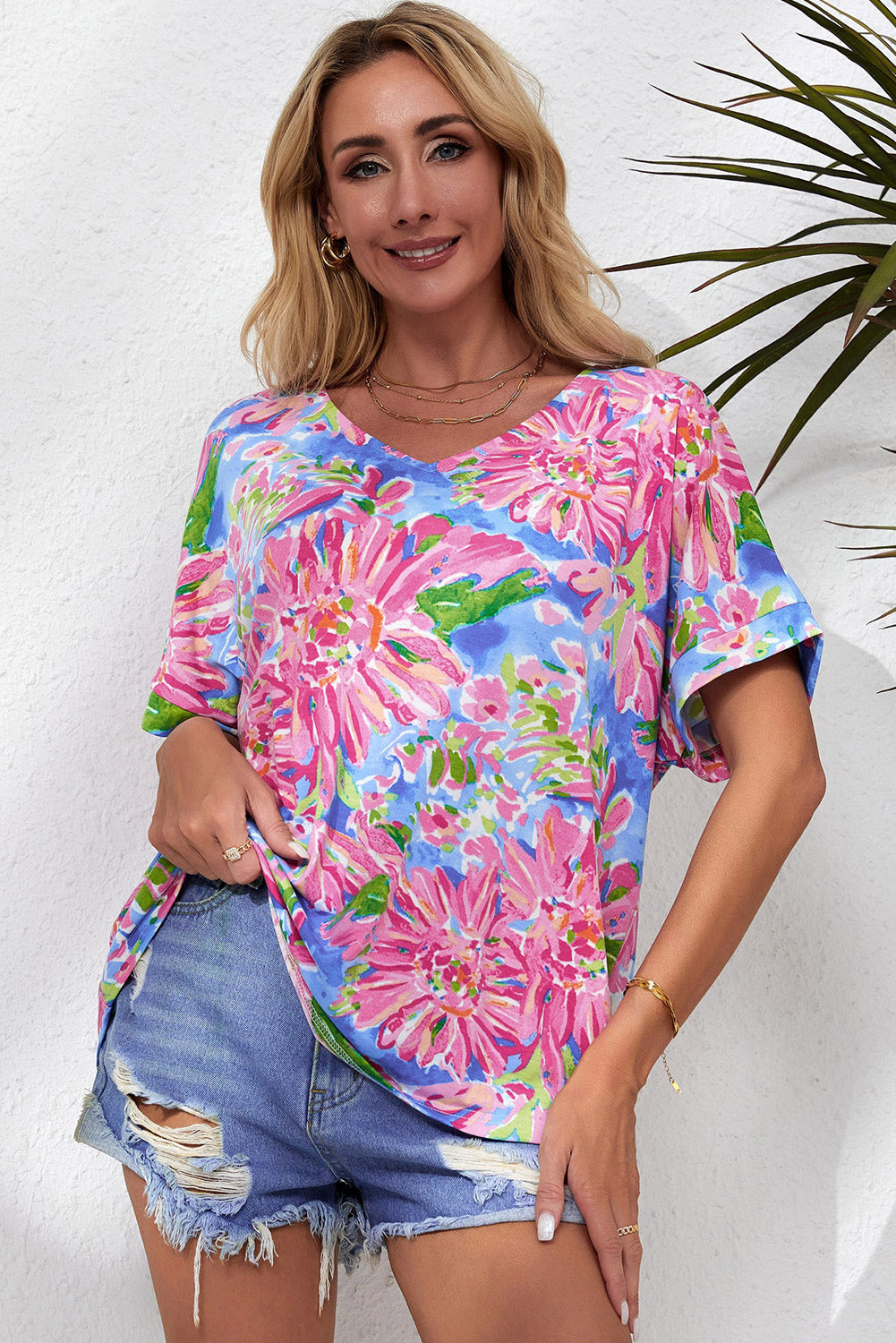 Floral V-Neck Short Sleeve Blouse-Teresa&#39;s Fashionista LLC