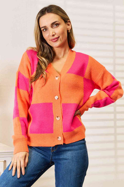 Woven Right Checkered V-Neck Dropped Shoulder Cardigan-Teresa&#39;s Fashionista LLC