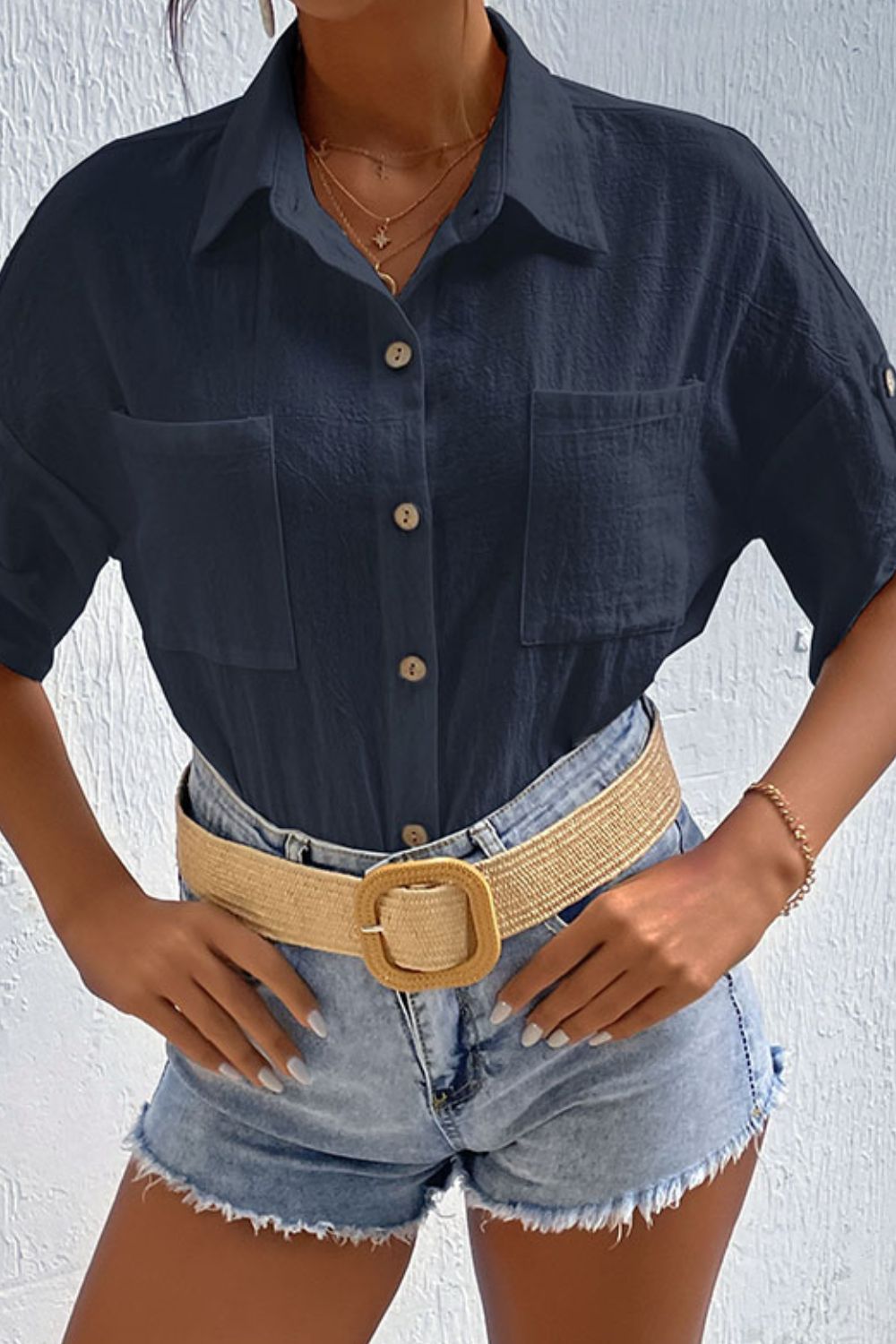 Roll-Tab Sleeve Shirt with Pockets-Teresa&#39;s Fashionista LLC