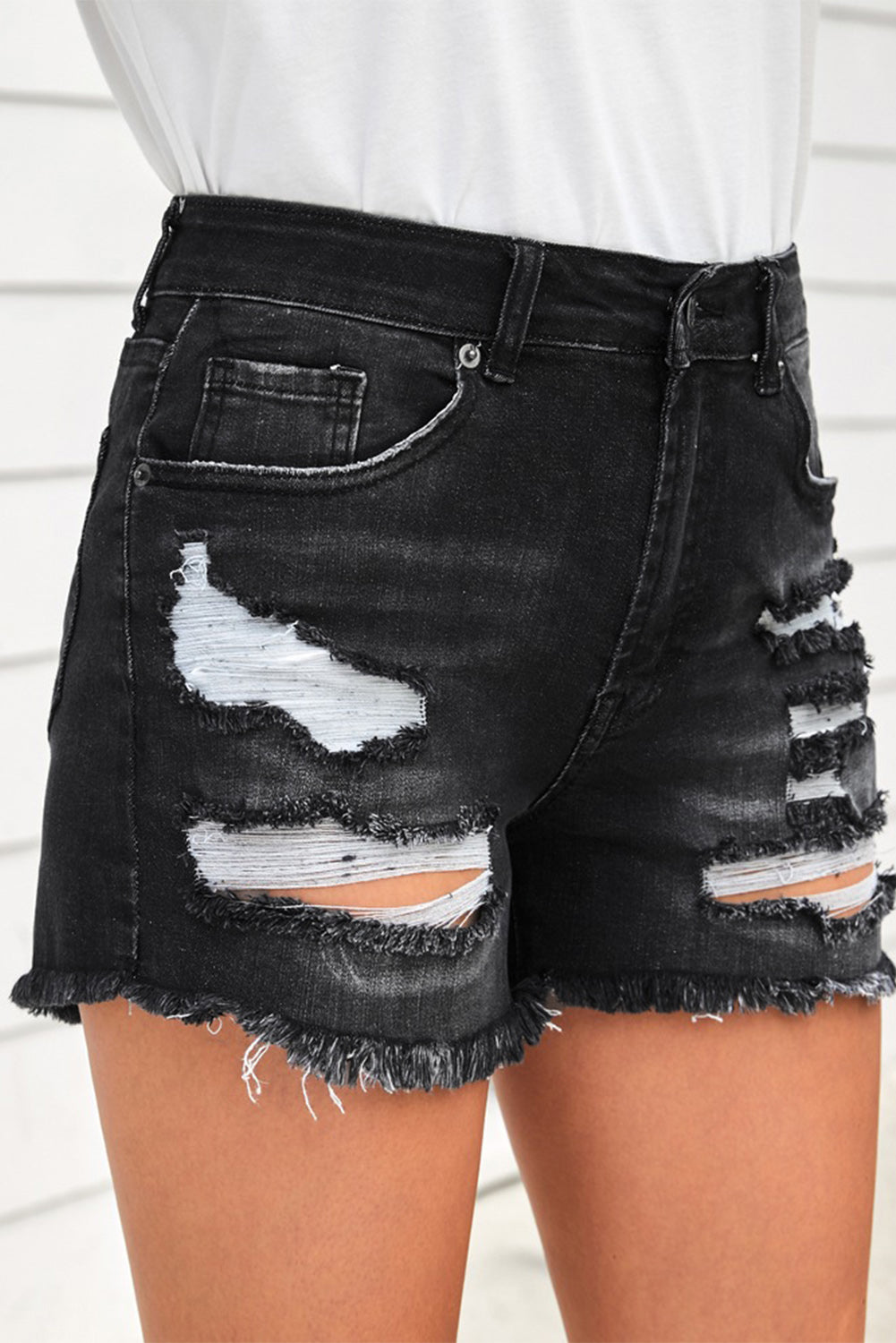 Raw Hem Distressed Denim Shorts with Pockets-Teresa&#39;s Fashionista LLC