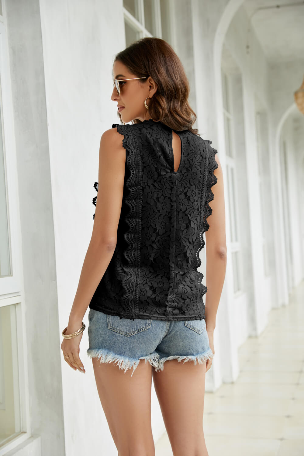 Lace Scalloped Keyhole V-Neck Tank-Teresa&#39;s Fashionista LLC