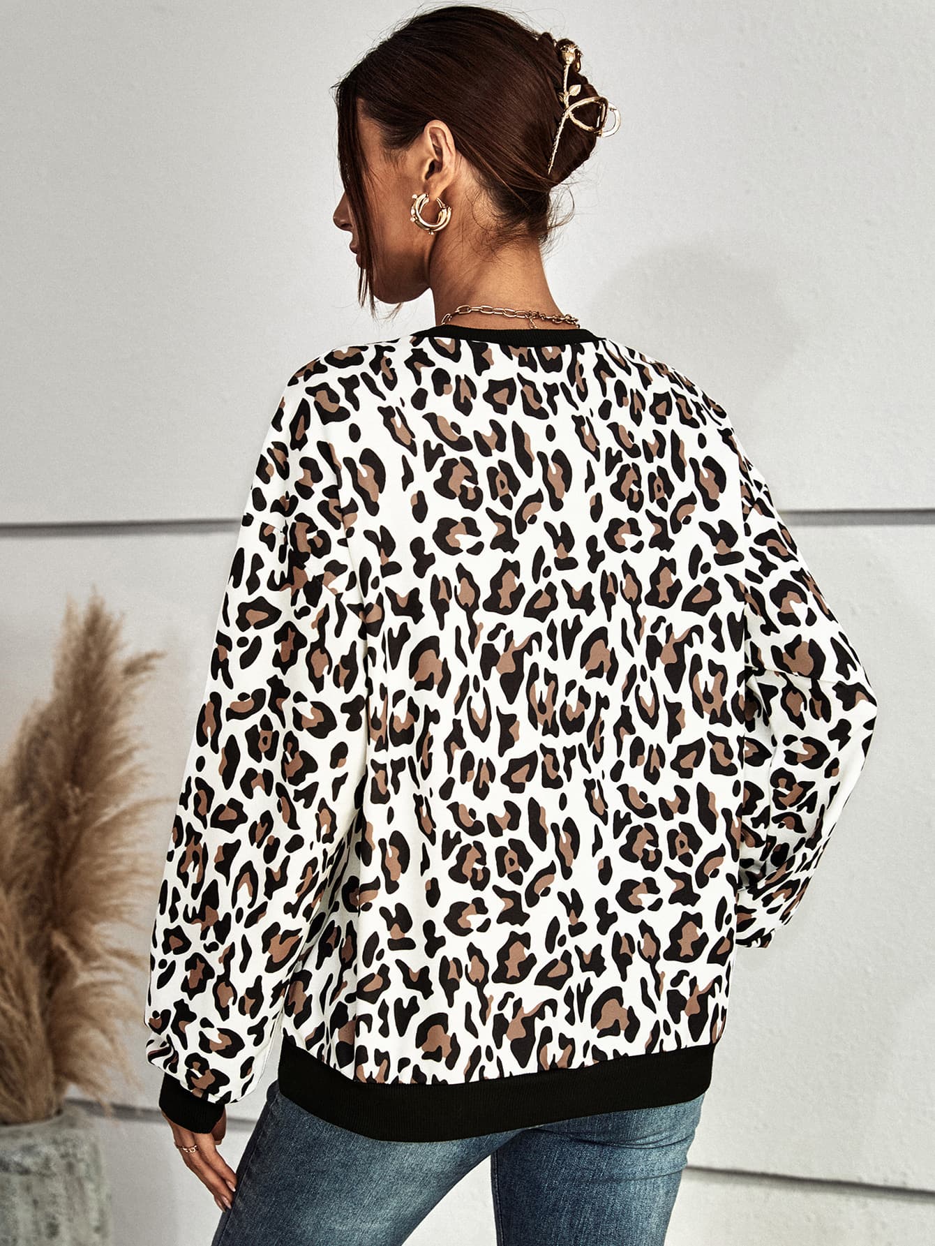 Leopard Round Neck Dropped Shoulder Sweatshirt-Teresa&#39;s Fashionista LLC