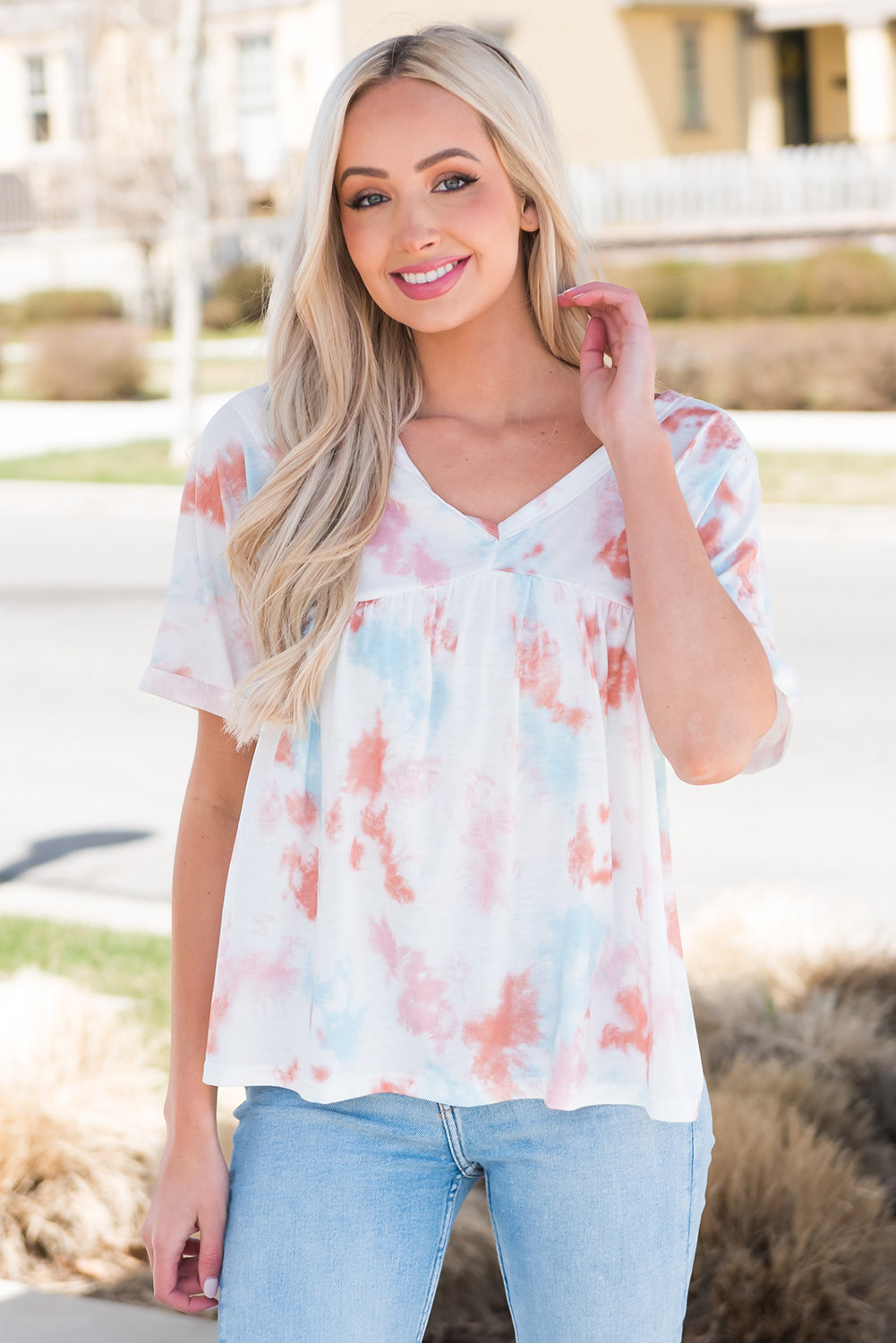 Tie-Dye V-Neck Tie Back Top-Teresa&#39;s Fashionista LLC