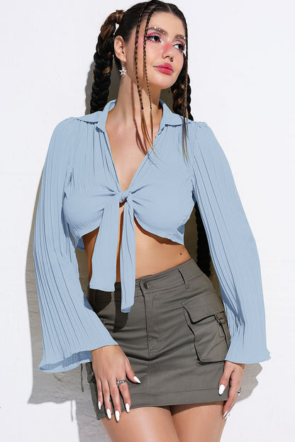 Tie Front Johnny Collar Flare Sleeve Cropped Top-Teresa&#39;s Fashionista LLC