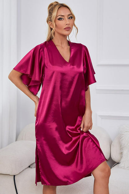 Satin Flutter Sleeve Side Slit V-Neck Night Dress-Teresa&#39;s Fashionista LLC