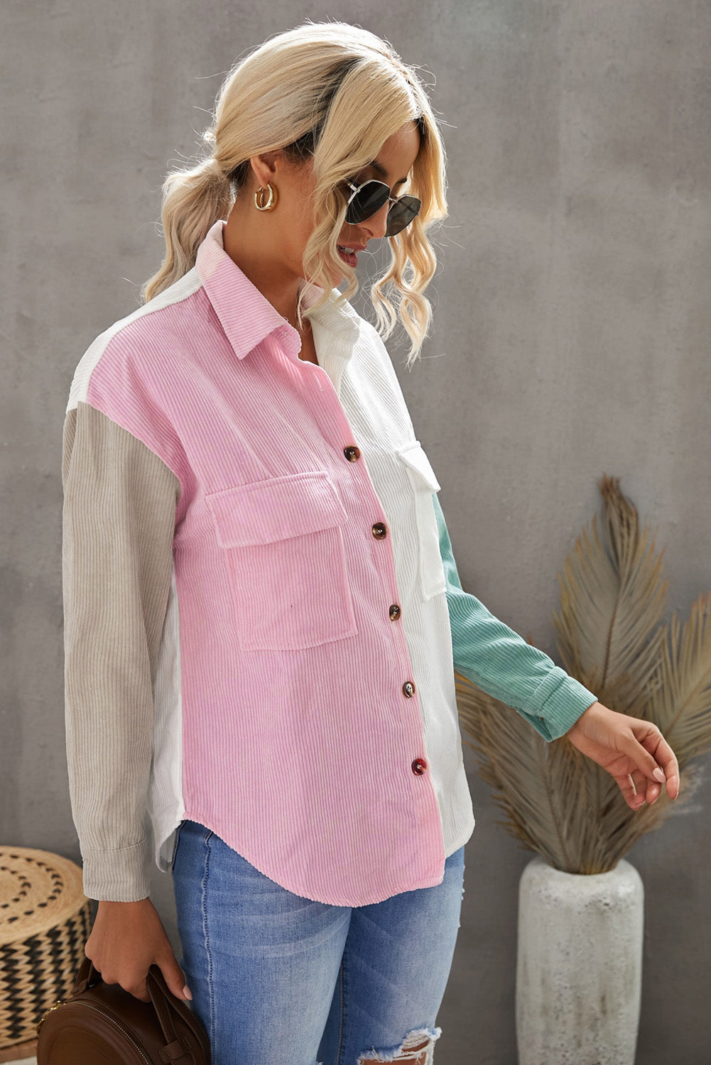 Color Block Button Front Shirt with Pockets-Teresa&#39;s Fashionista LLC