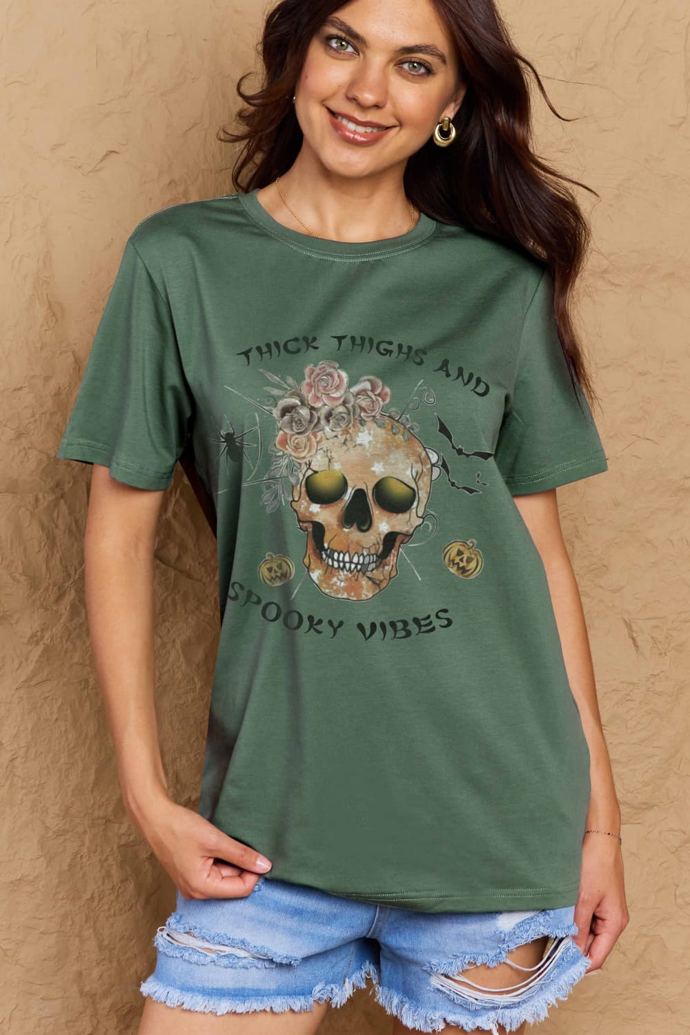 Simply Love Full Size THICK THIGHS AND SPOOKY VIBES Graphic Cotton T-Shirt-Teresa&#39;s Fashionista LLC