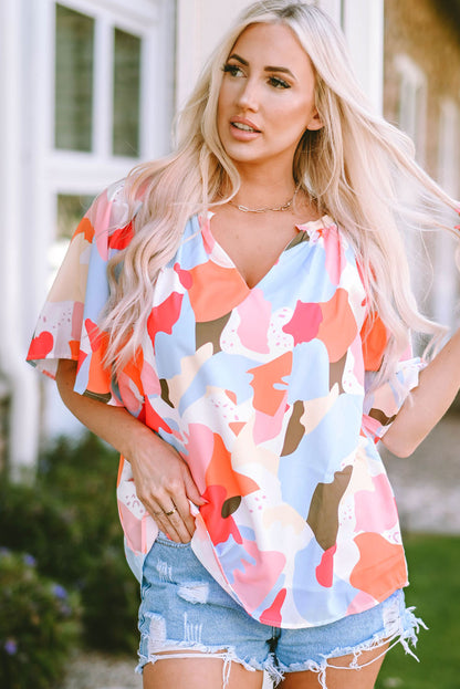 Printed Notched Neck Half Sleeve Blouse-Teresa&#39;s Fashionista LLC