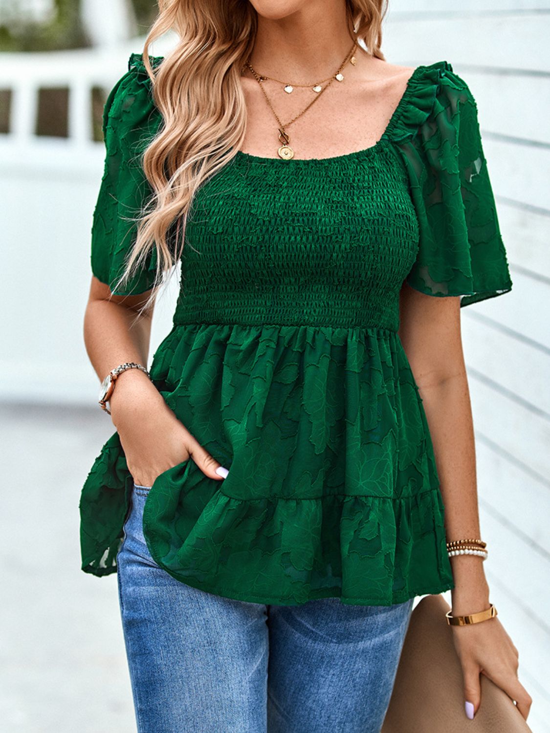 Smocked Square Neck Babydoll Blouse-Teresa&#39;s Fashionista LLC