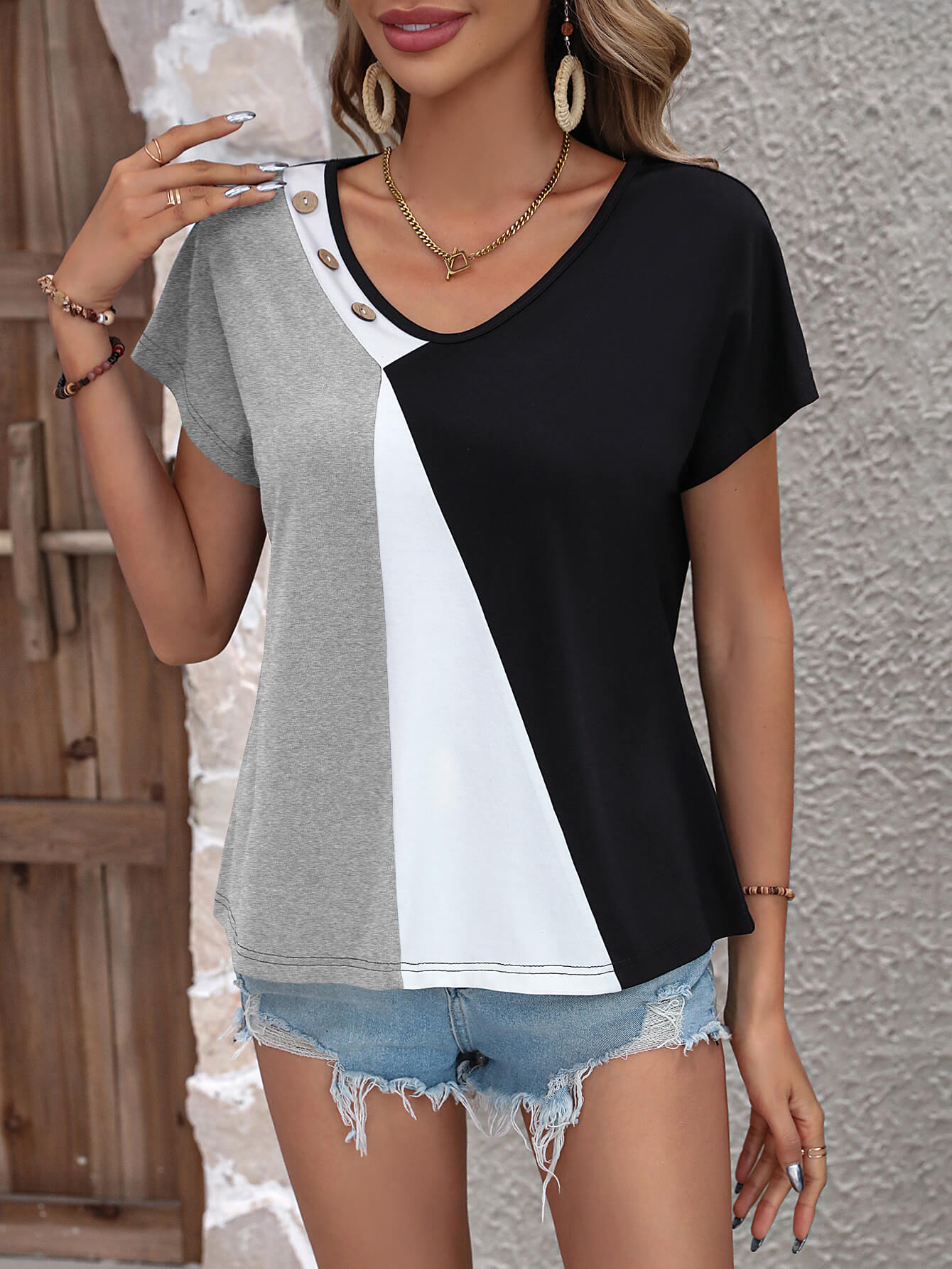 Color Block Decorative Button V-Neck Tee-Teresa&#39;s Fashionista LLC