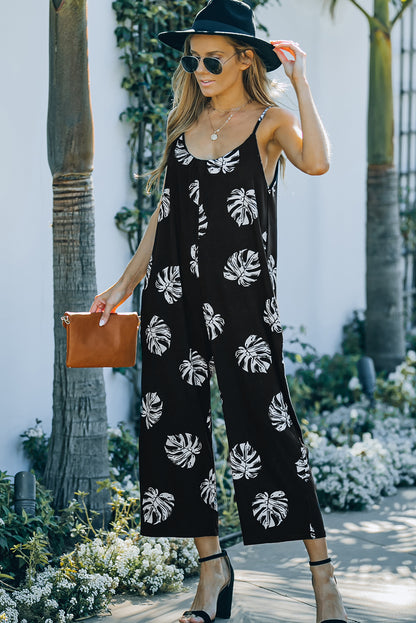 Botanical Print Spaghetti Strap Cropped Jumpsuit-Teresa&#39;s Fashionista LLC