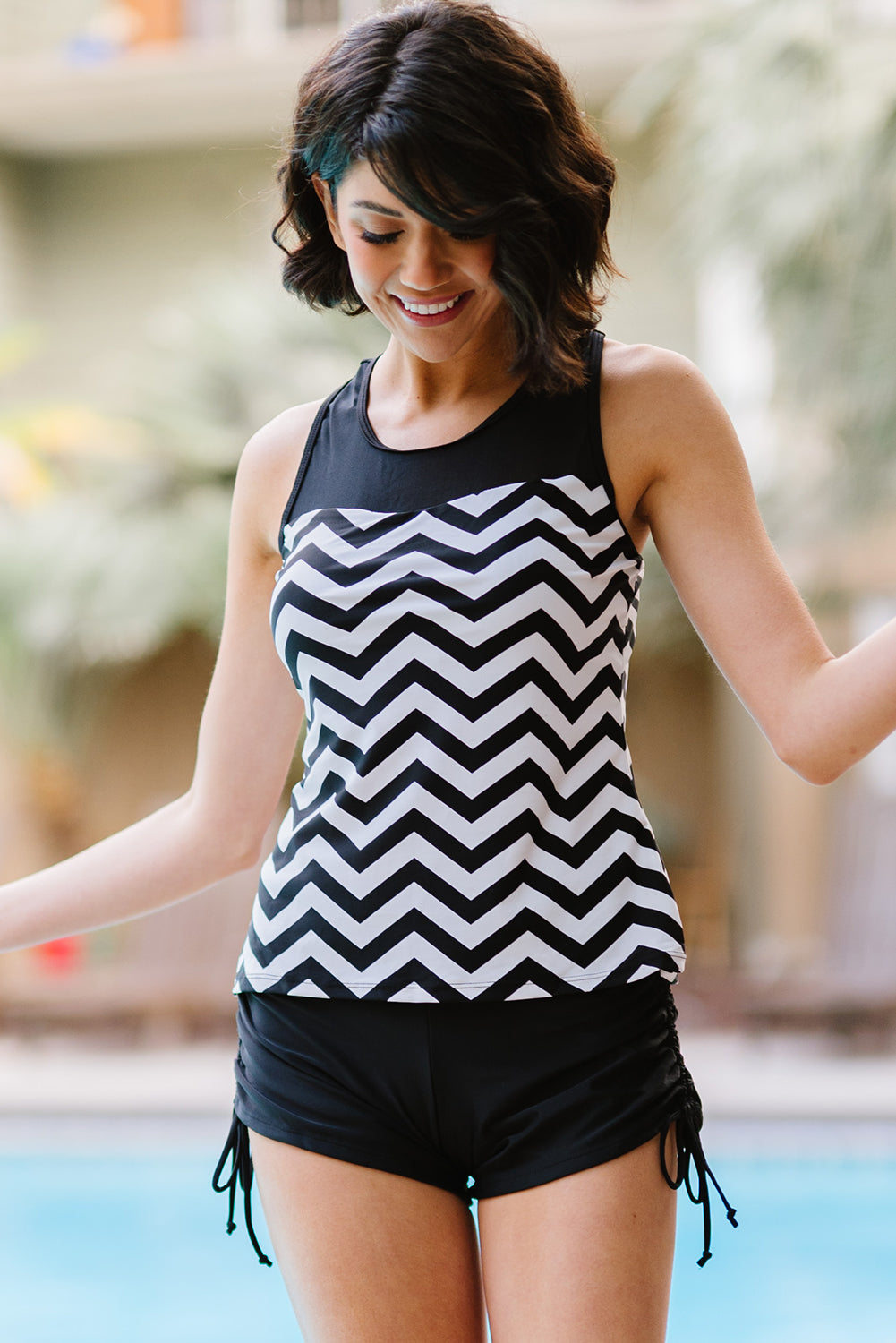 Full Size Chevron Print Ruched Tankini Set-Teresa&#39;s Fashionista LLC