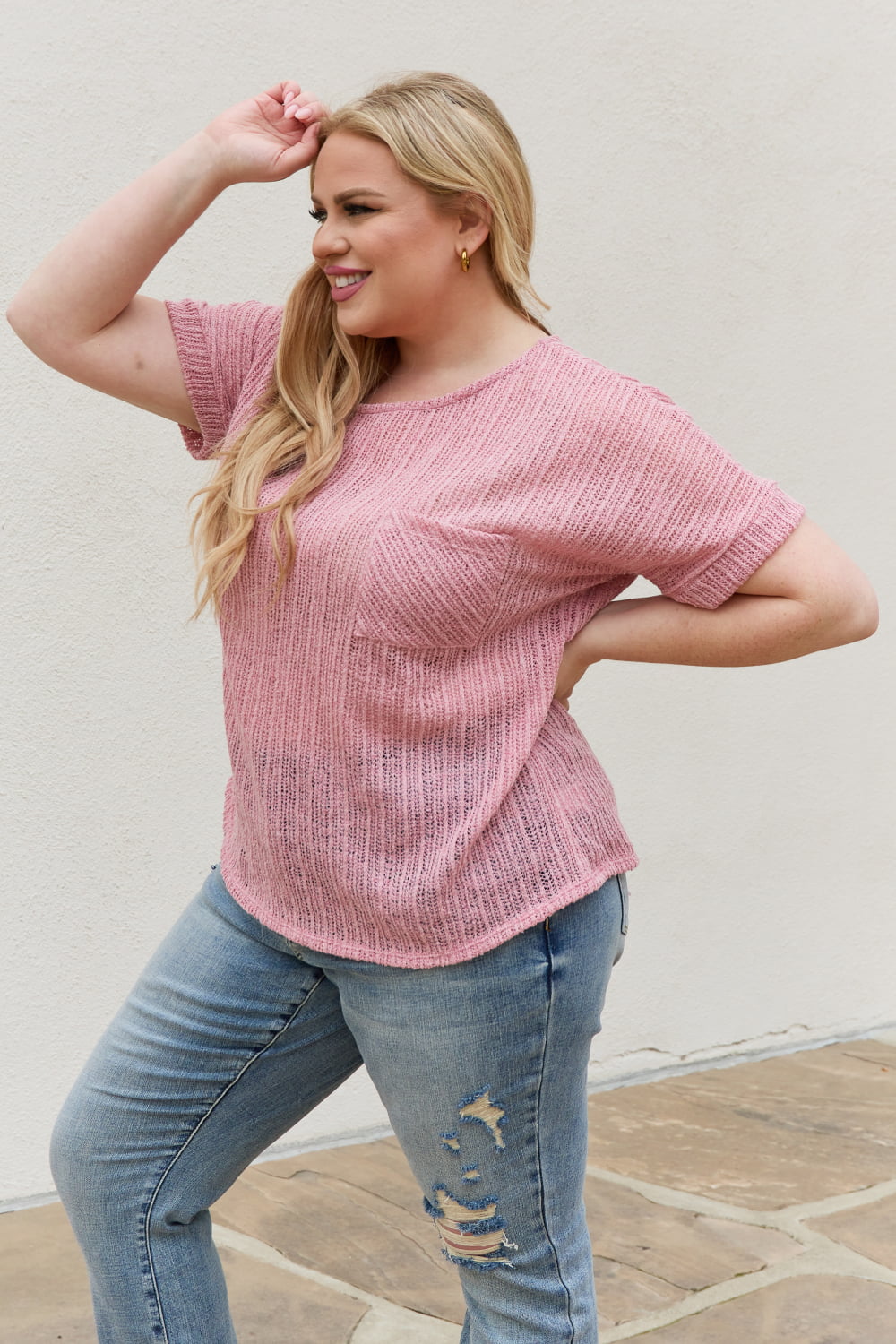 e.Luna Full Size Chunky Knit Short Sleeve Top in Mauve-Teresa&#39;s Fashionista LLC